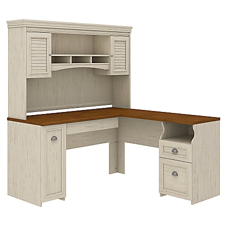 Bush Business Furniture Fairview 60"W L-Shaped Corner Desk With Hutch, Antique White/Tea Maple, Standard Delivery