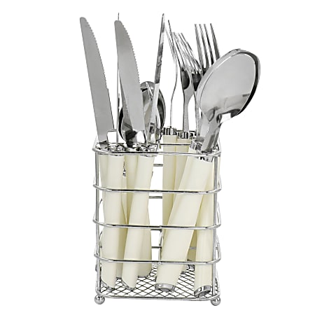 Gibson Everyday Fairfield 16-Piece Flatware Set With Wire Caddy, Egg Shell