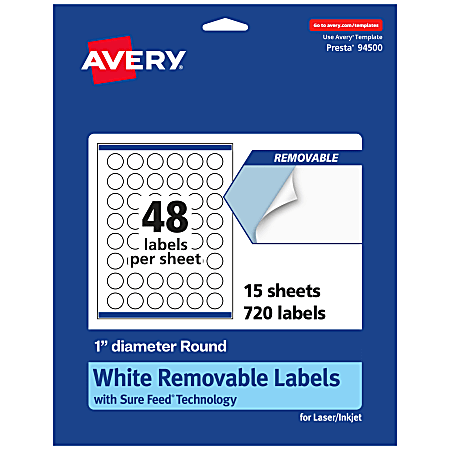 Avery® Removable Labels With Sure Feed®, 94500-RMP15, Round, 1" Diameter, White, Pack Of 720 Labels