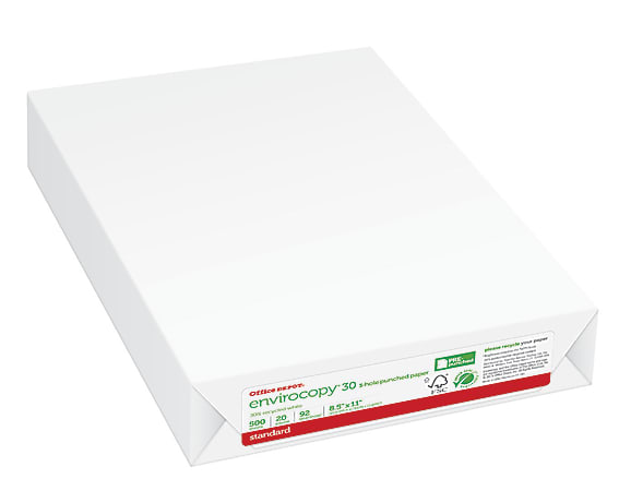 Office Depot® EnviroCopy® 3-Hole Punched Copy Paper, 1 Ream, White, Letter Size, 500 Sheets Per Ream- 651031OD-RM