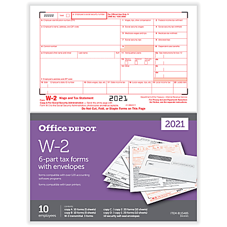 Office Depot® Brand W-2 Laser Tax Forms And Envelopes, 2-Up, 6-Part, 8-1/2" x 11", Pack Of 10 Form Sets