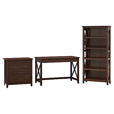 Bush Furniture Key West 48"W Writing Desk With 2 Drawer Lateral File Cabinet And 5 Shelf Bookcase, Bing Cherry, Standard Delivery