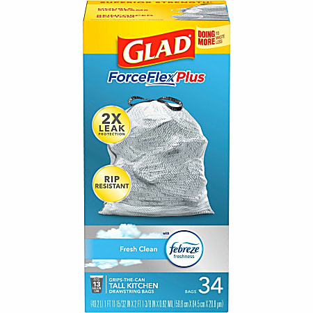 Glad ForceFlexPlus Tall Kitchen Drawstring Trash Bags - Fresh Clean with Febreze Freshness - 13 gal Capacity - 24.02" Width x 24.88" Length - 0.82 mil (21 Micron) Thickness - Gray - 6/Carton - 34 Per Box - Kitchen