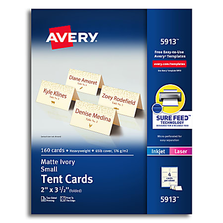 Avery® Printable Small Tent Cards With Sure Feed® Technology, For Laser Or Inkjet Printers, 2" x 3.5", Ivory, 160 Blank Place Cards