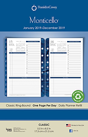 Franklin Covey® Monticello 14-Month Daily Planner Refill, 5 1/2" x 8 1/2", White, December to January