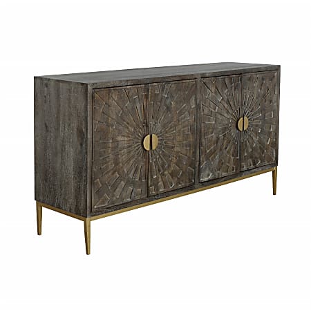 Coast to Coast Gabriella Contemporary Mango Wood Rectangle 4-Door Credenza, 35”H x 66"W x 18"D, Rockcove Gray/Gold