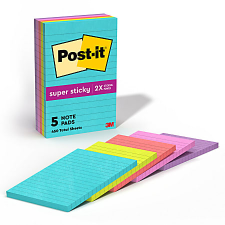 Post-it® Super Sticky Notes, 4 in x 6 in, 5 Pads, 90 Sheets/Pad, Lined, 2x the Sticking Power, School and Office Supplies, Supernova Neons