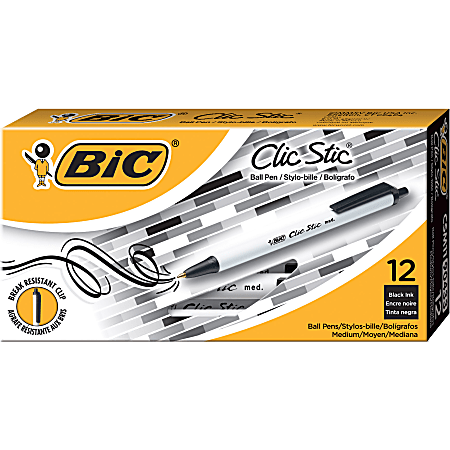 BIC® Clic Stic® Retractable Pens, Medium Point, 1.0 mm, White Barrel, Black Ink, Pack Of 12