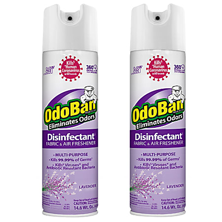 OdoBan Ready-to-Use 360-Degree Continuous Spray Disinfectant Cleaner and Odor Eliminator, Lavender Scent, 14.6 Oz, Set Of 2 Spray Cans