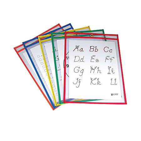 C Line® Reusable Dry-Erase Pockets, 9" x 12", Assorted Primary Colors, Pack Of 5, Set Of 2 Packs