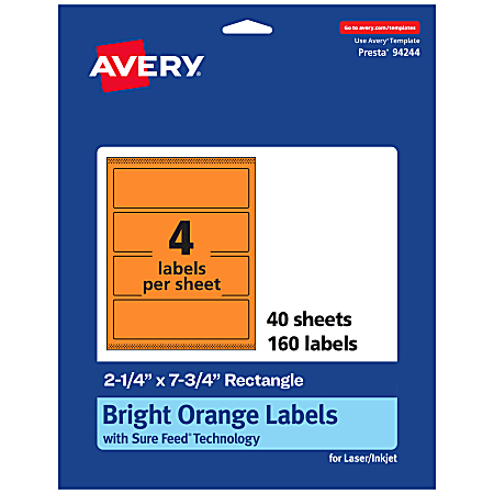 Avery® Print-To-The-Edge Labels With Sure Feed® Technology, 94244-BOP40, Rectangle, 2-1/4" x 7-3/4", Matte Bright Orange, Pack of 160