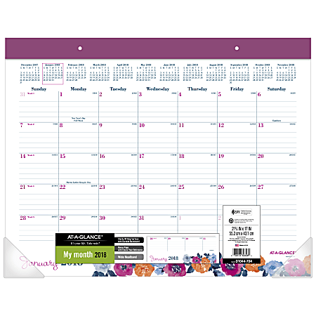 AT-A-GLANCE® Eva Monthly Desk Pad Calendar, 22" x 17", 30% Recycled, January to December 2018 (D1044-704-18)