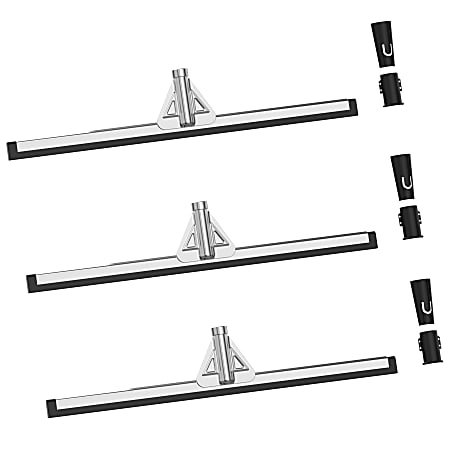 Gritt Commercial Double Neoprene Foam Floor Squeegee With Metal Frame And 2 Threaded Adapters, 30” x 3”, Black/Silver, Pack Of 3 Squeegees