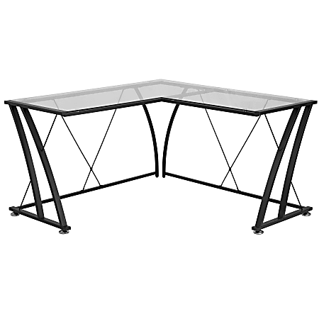 Flash Furniture 80"W Glass L-Shaped Computer Desk, Black/Clear