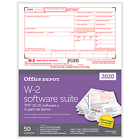 Office Depot® Brand W-2 Laser Tax Forms With Software, 2-Up, 6-Part, 8-1/2" x 11", Pack Of 50 Forms