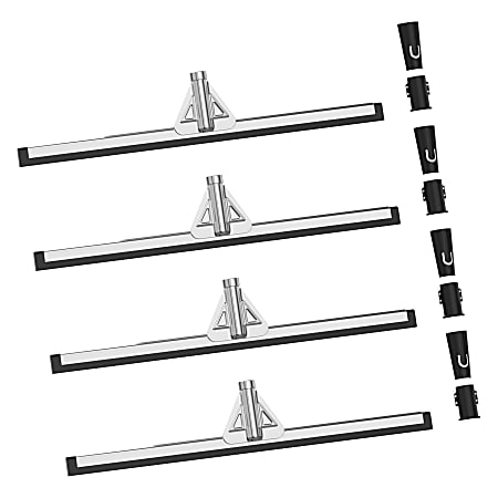 Gritt Commercial Double Neoprene Foam Floor Squeegee With Metal Frame And 2 Threaded Adapters, 30” x 3”, Black/Silver, Pack Of 4 Squeegees