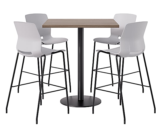 KFI Studios Proof Bistro Square Pedestal Table With Imme Bar Stools, Includes 4 Stools, 43-1/2”H x 42”W x 42”D, Studio Teak Top/Black Base/Light Gray Chairs
