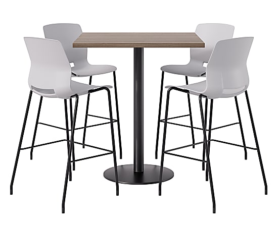 KFI Studios Proof Bistro Square Pedestal Table, Includes 4 Stools, 43-1/2”H x 42”W x 42”D, Studio Teak Top/Black Base/Light Gray Chairs - 840031941794