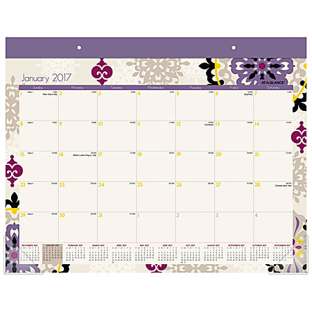 AT-A-GLANCE® Fashion Monthly Desk Pad Calendar, 22" x 17", 30% Recycled, Vienna, January-December 2017