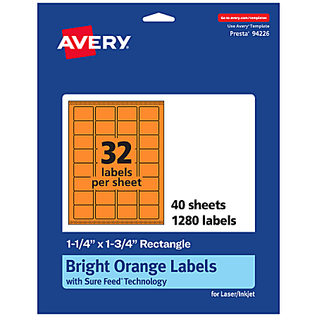 Avery® Printable Labels With Sure Feed® Technology, 94226-BOP40, Rectangle, 1-1/4" x 1-3/4", Matte Bright Orange, Pack of 1280