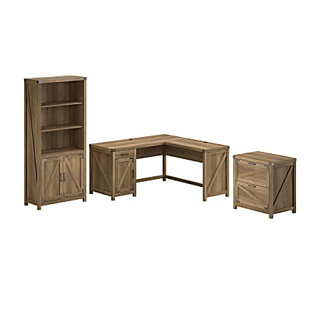 Bush Furniture Knoxville 60"W L Shaped Desk with Lateral File Cabinet and 5 Shelf Bookcase, Reclaimed Pine, Standard Delivery