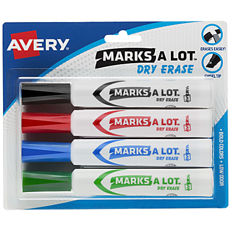 Avery® Marks A Lot® Dry Erase Markers, Chisel Tip, Desk-Style, Assorted Colors, Pack Of 4 Markers