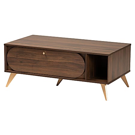 Baxton Studio Mid-Century Modern Coffee Table With Drop-Down Cabinet, 16-1/2"H x 41-5/16"W x 21-3/4"D, Walnut Brown/Gold