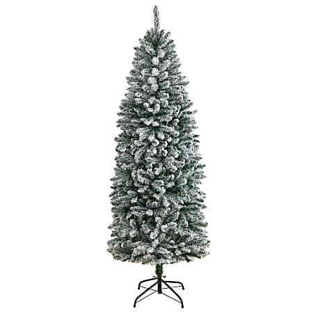 Nearly Natural Flocked Montreal Fir 72”H Slim Artificial Christmas Tree With Bendable Branches, 72”H x 27”W x 27”D, Green