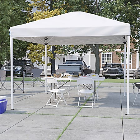 Flash Furniture Portable Tailgate/Event Tent Set - 10'x10' Pop Up Canopy Tent, 6-Foot Bi-Fold Table, Set of 4 Folding Chairs, White