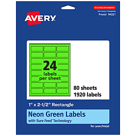 Avery® Printable Labels With Sure Feed® Technology, 94221-NGP80, Rectangle, 1" x 2-1/2", Matte Neon Green, Pack of 1920