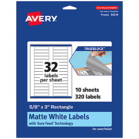 Avery® TrueBlock® Labels With Sure Feed®, 94214-TWMP10, Rectangle, 5/8" x 3", Matte White, Pack Of 320