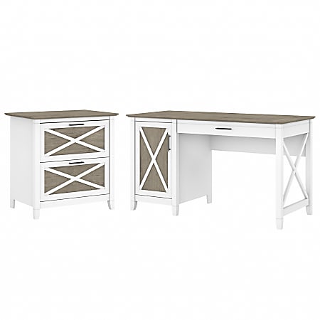 Bush Furniture Key West 54"W Computer Desk With Storage And 2-Drawer Lateral File Cabinet, Shiplap Gray/Pure White, Standard Delivery