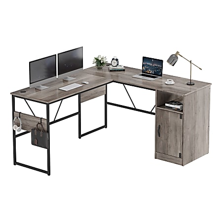 Bestier Reversible 60"W Corner Computer Desk With Storage Cabinet & Accessory Hooks, Gray Wash