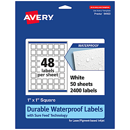 Avery® Waterproof Permanent Labels With Sure Feed®, 94103-WMF50, Square, 1" x 1", White, Pack Of 2,400