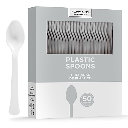 Amscan 8018 Solid Heavyweight Plastic Spoons, Silver, 50 Spoons Per Pack, Case Of 3 Packs