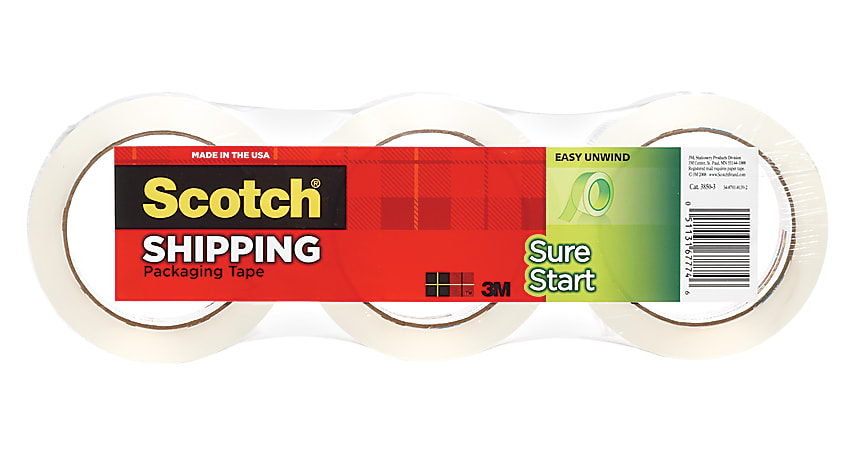 Scotch® Sure Start Shipping Tape, 3" Core, 1 7/8" x 800", Clear, Pack Of 3