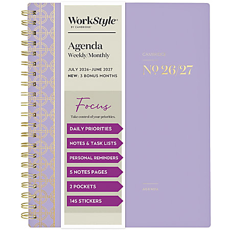 Mead Cambridge® WorkStyle® Focus Academic 2026-2027 Weekly Monthly Planner, Misty Lavender, Large, 8 1/2" x 11"