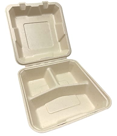 Purely Bamboo 3-Compartment To-Go Trays, 8" x 8" x 3", Beige, Pack Of 200 Trays
