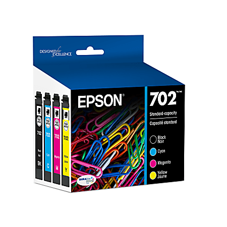 Epson® 702 DuraBrite® Ultra Black And Cyan, Magenta, Yellow Ink Cartridges, Pack Of 4, T702120-BCS