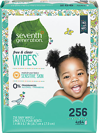 Seventh Generation® Free & Clear Baby Wipes, Refill, Unscented, White, 256 Wipes Per Pack, Carton Of 3 Packs