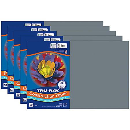 Tru-Ray Construction Paper, Heavyweight, 12" x 18", Slate, 50 Sheets Per Pack, Set Of 5 Packs