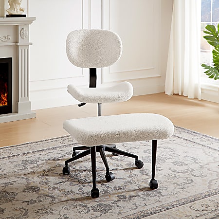 Pinmoco 2-Tier Cross-Legged Ergonomic Textured Fabric Modern Armless Office Chair, Off-White