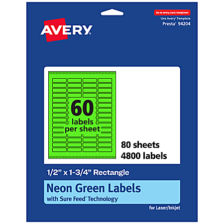 Avery® Print-To-The-Edge Labels With Sure Feed® Technology And Easy Peel®, 94204-NGP80, Rectangle, 1/2" x 1-3/4", Matte Neon Green, Pack of 4800