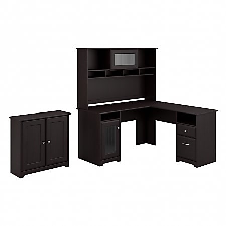 Bush Business Furniture Cabot 60"W L-Shaped Corner Desk With Hutch And Low Storage Cabinet With Doors, Espresso Oak, Standard Delivery