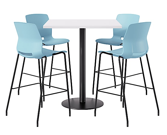 KFI Studios Proof Bistro Square Pedestal Table With Imme Bar Stools, Includes 4 Stools, 43-1/2”H x 42”W x 42”D, Designer White Top/Black Base/Sky Blue Chairs