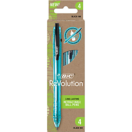 BIC® ReVolution Ocean-Bound Ball Pens, Medium Point, 1.0 mm, Blue Barrel, Black Ink, Pack Of 4 Pens