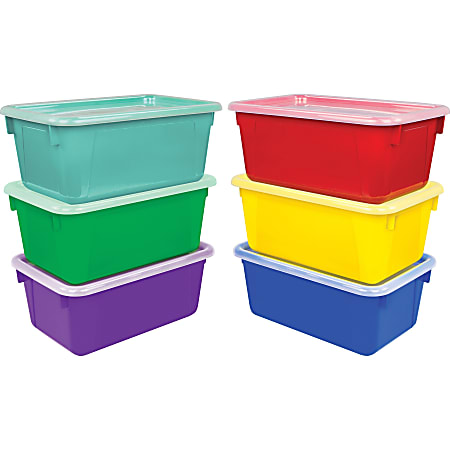 Storex Plastic Cubby Bins With Lids, Small Size, 5 1/10” x 7 7/8” x 12 1/4”, Assorted Bright Colors, Carton Of 6
