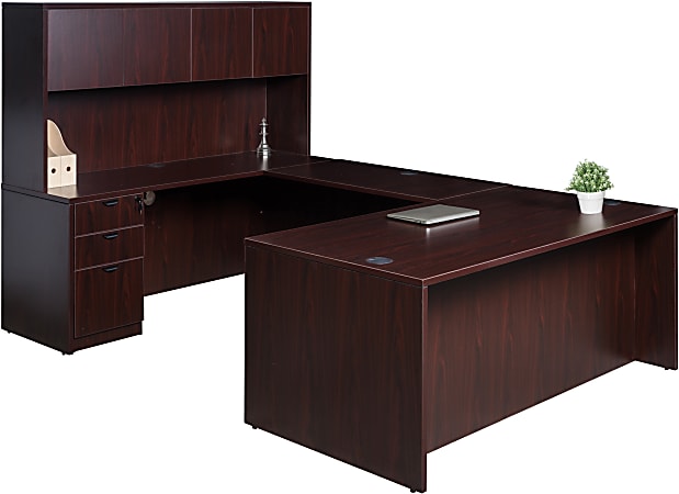 Boss Office Products Holland Series Executive U-Shaped Desk With File Storage Pedestal And Hutch, Mahogany