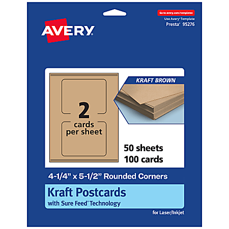 Avery® Printable Postcards With Sure Feed® Technology, 95276-KMC50, Rectangle Rounded Corner, 4.25" x 5.5", Kraft Brown, Pack Of 100