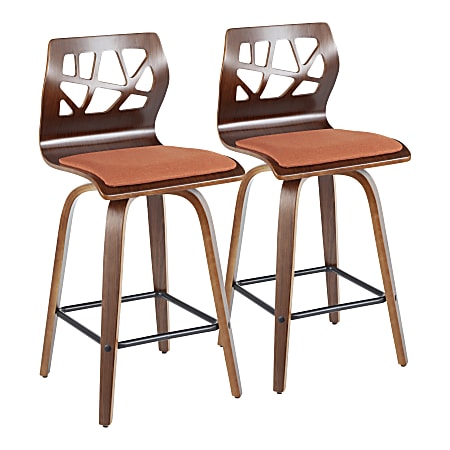 LumiSource Folia Modern Counter Stools, Walnut/Orange, Set Of 2 Stools